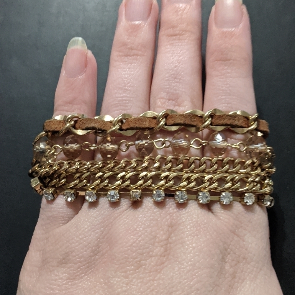 𝅺Gold Tone Brown Leather Crystal and Clear Rhinestone Chain Statement Bracelet